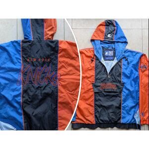 NY Knicks 90s STARTER hoodie GRAFFITI 1/2 windbreaker XL blk blue NBA vtg